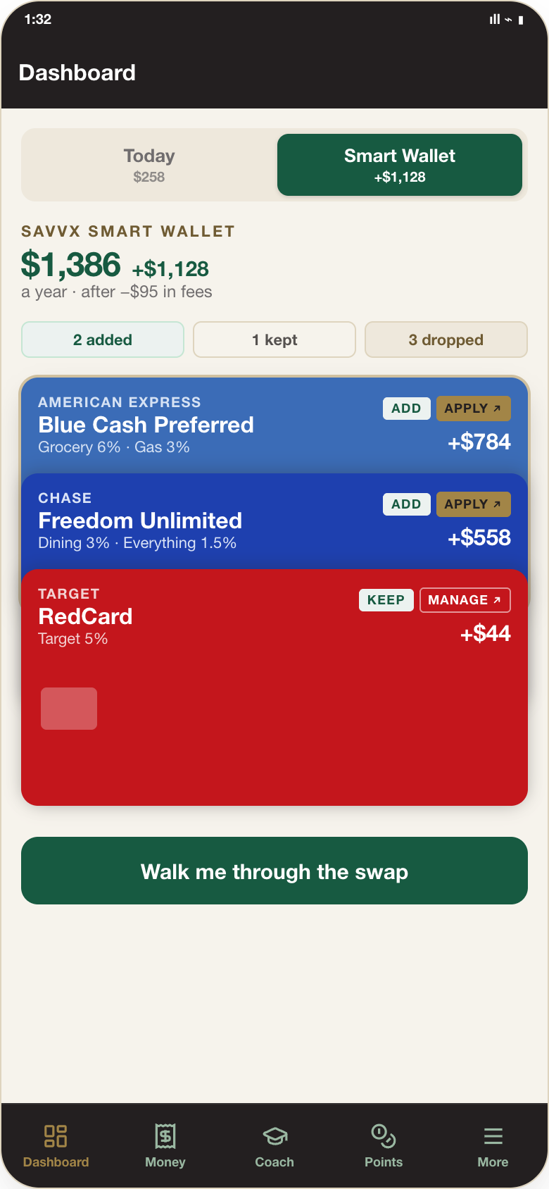 The same spending rebuilt by SavvX as the Smart Wallet, earning $1,386 a year